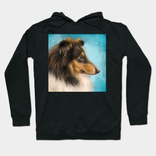 Painting of a Three Colored Collie Dog on Blue Background Hoodie